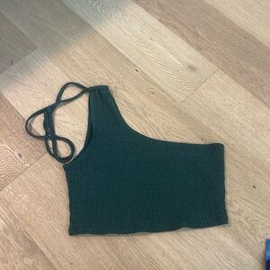 Green Ribbed One-Shoulder Top
